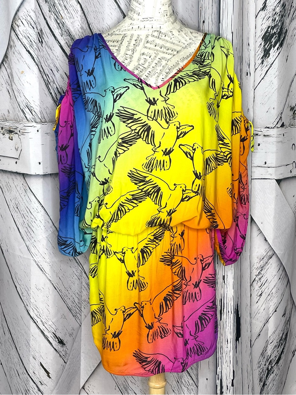Kurt Geiger Viscose Gradient Rainbow Tropical Bird Tunic Beach Swim Cover Up L